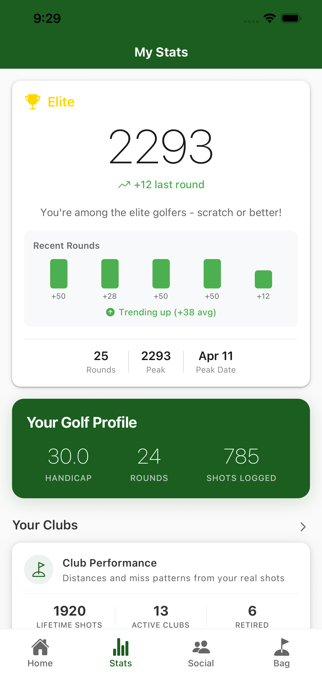 PocketPro stats screen with rating history and round breakdowns