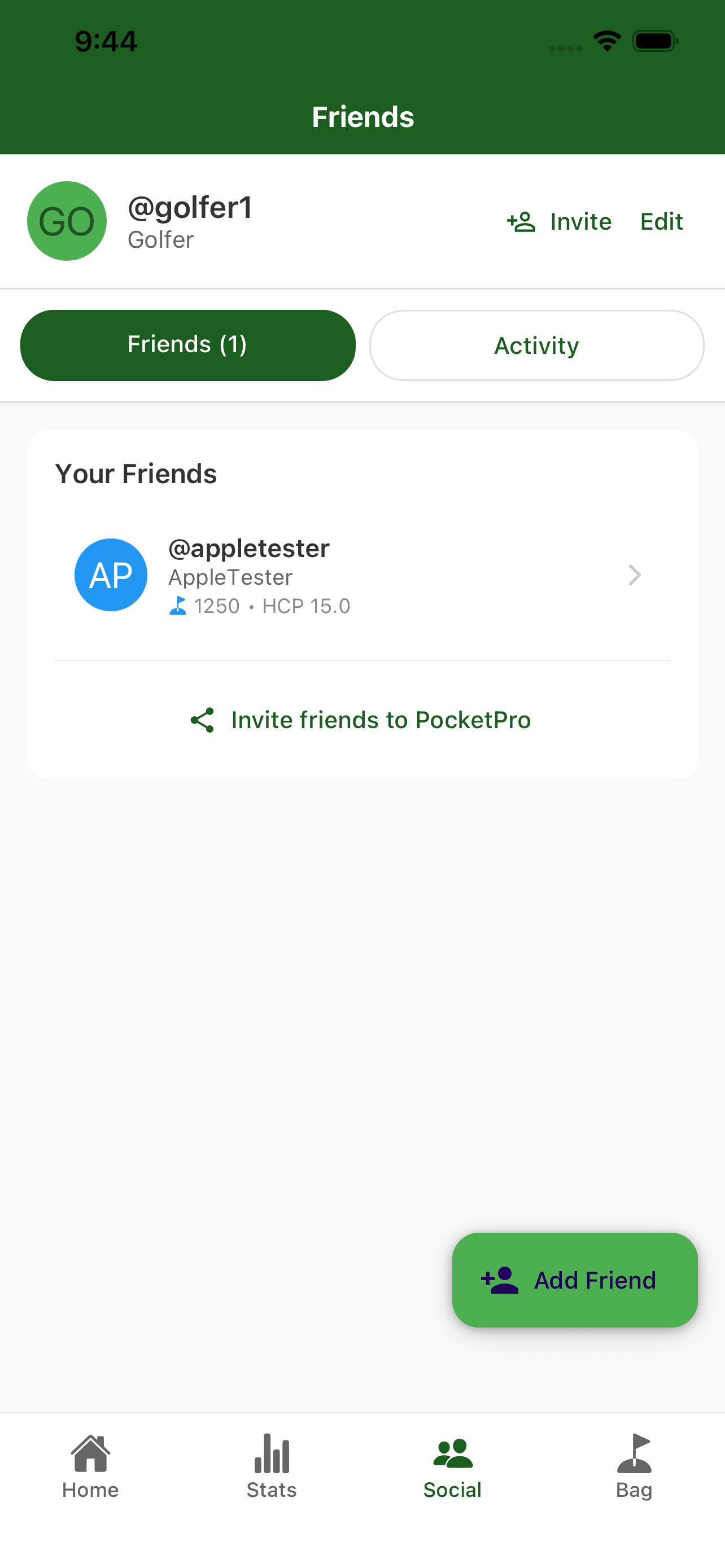 PocketPro social screen with friend activity feed