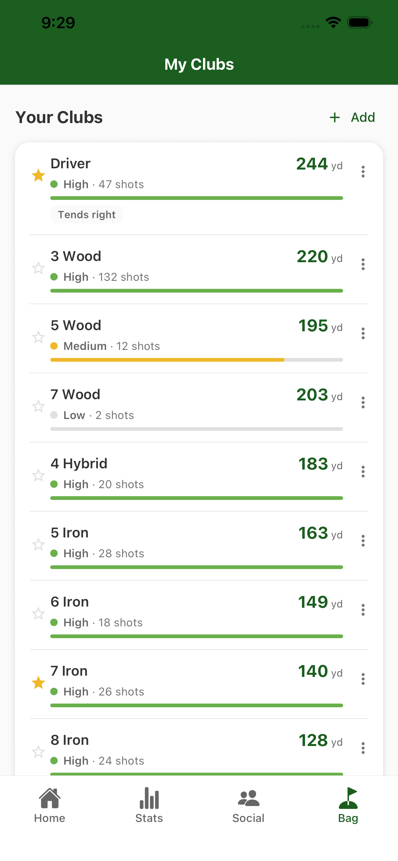 PocketPro My Clubs screen with carry distances and confidence ratings