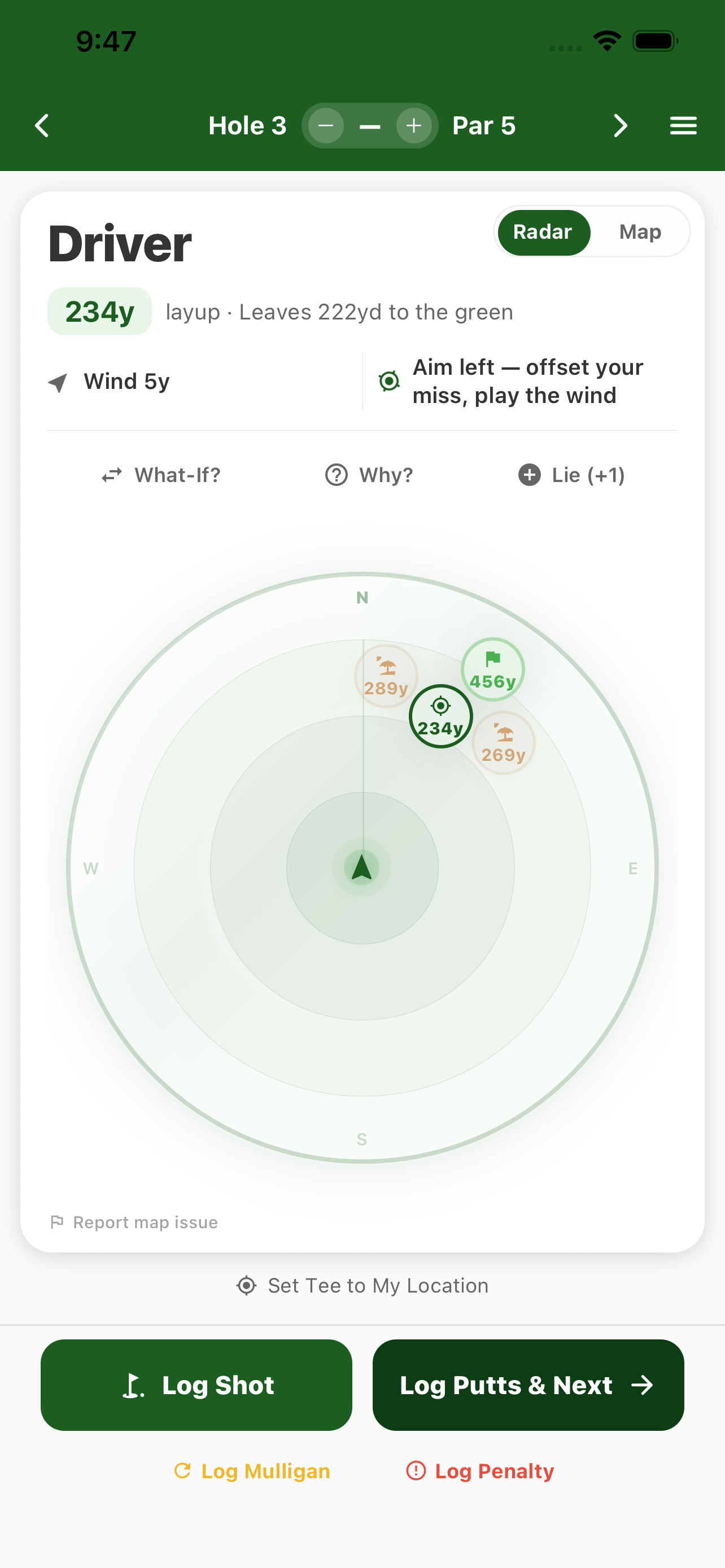 PocketPro live hazard radar with hazards, the green, and aim zone plotted on a true-bearing compass