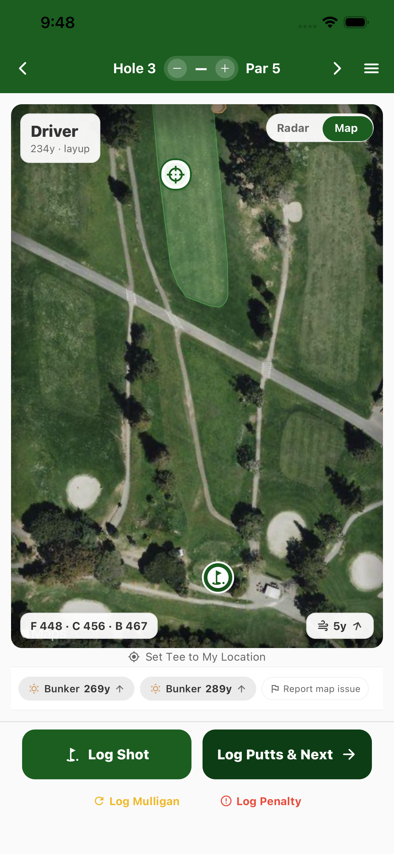 PocketPro hole map view with tee shot recommendation and hazard markers